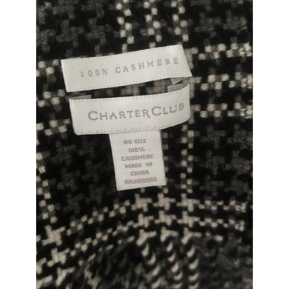 Charter Club 100% Cashmere Scarf Black Grey White Plaid Fringe Preppy Knit